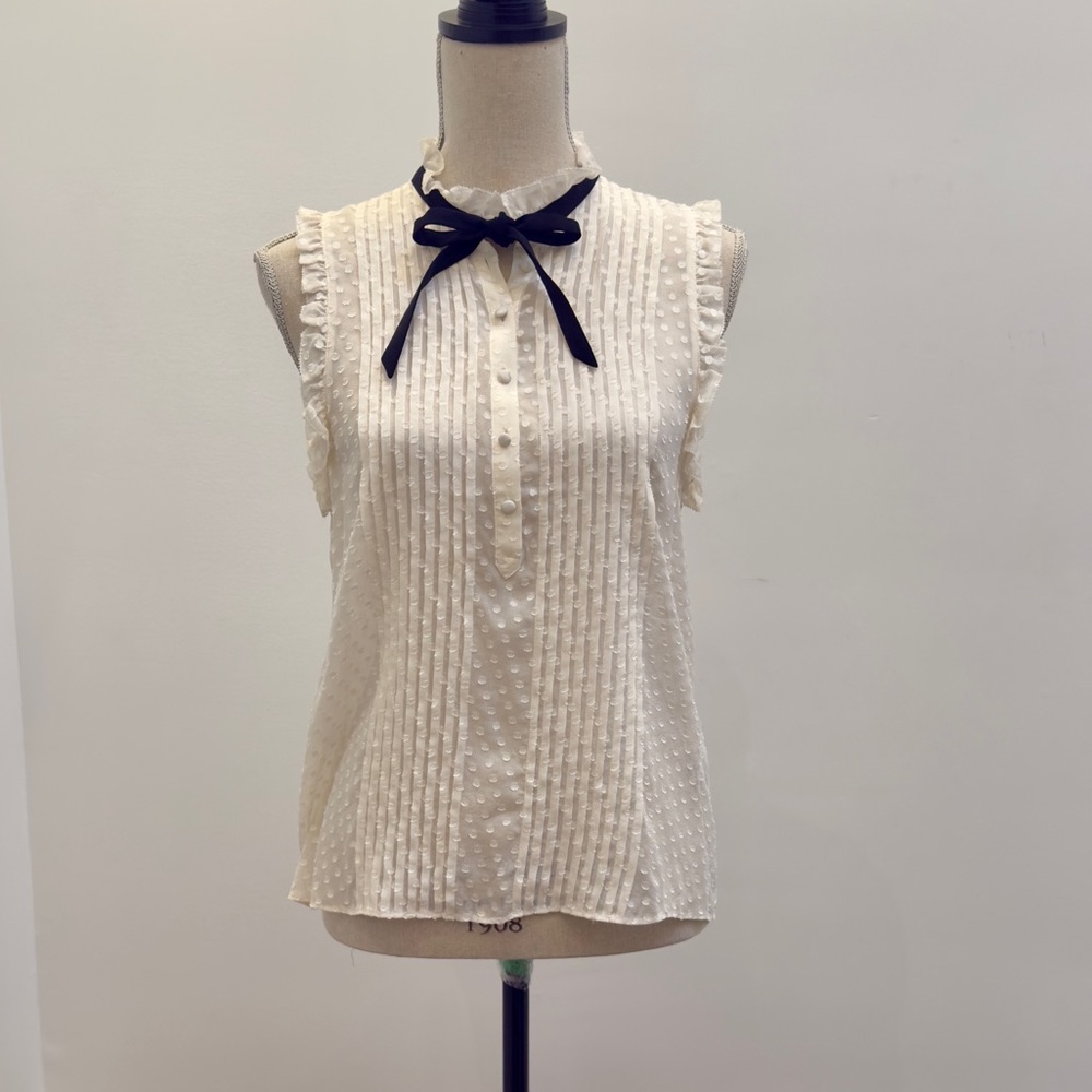 Joie Cream Textured Blouse with Black Ribbon